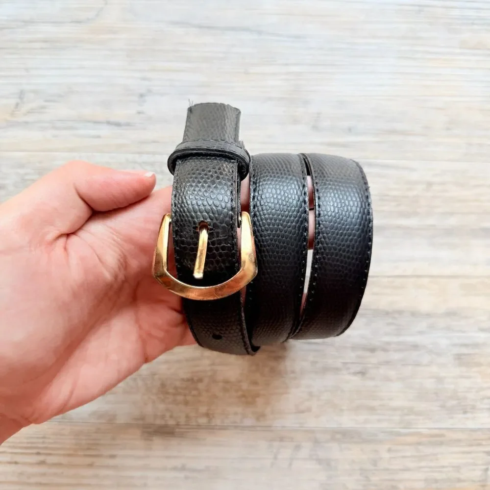 Vintage Black Textured Leather Belt Gold Buckle Size 30 Classic Minimalist